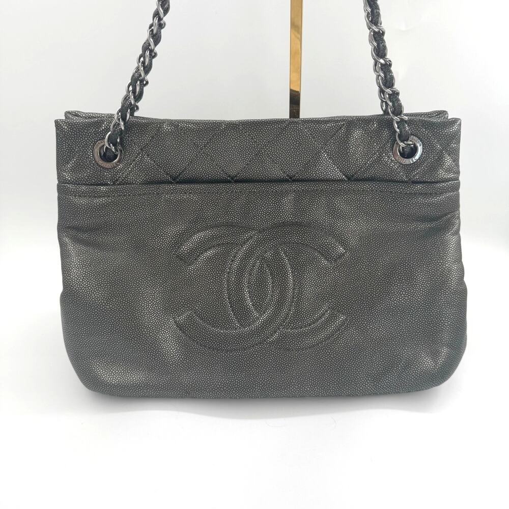 Chanel Metallic‎ Silver Gray Grey Quilted Caviar Timeless Tote SHW Series 14